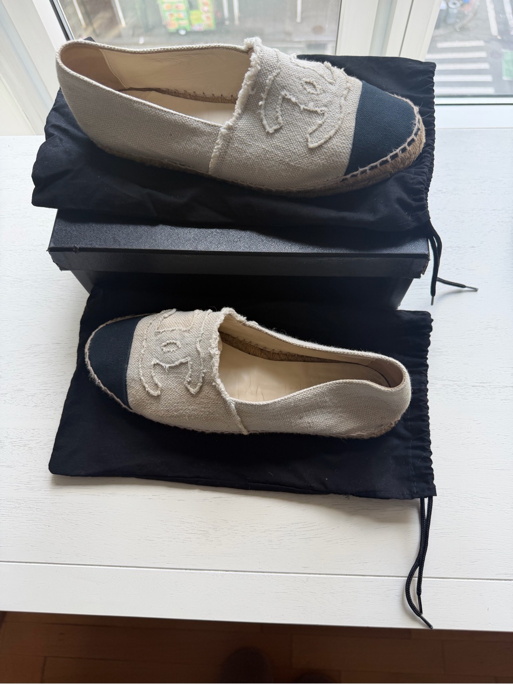 Chanel Canvas Espadrilles In Light Grey With Black Cap Toe